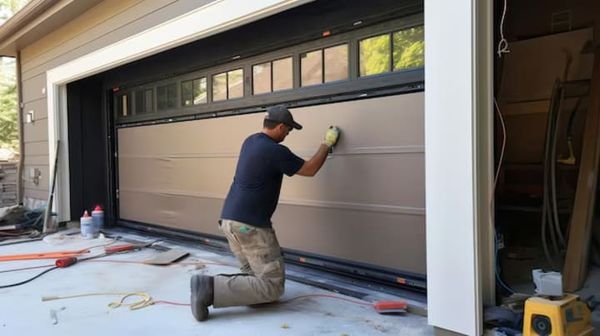 Tech installing a garage door panel